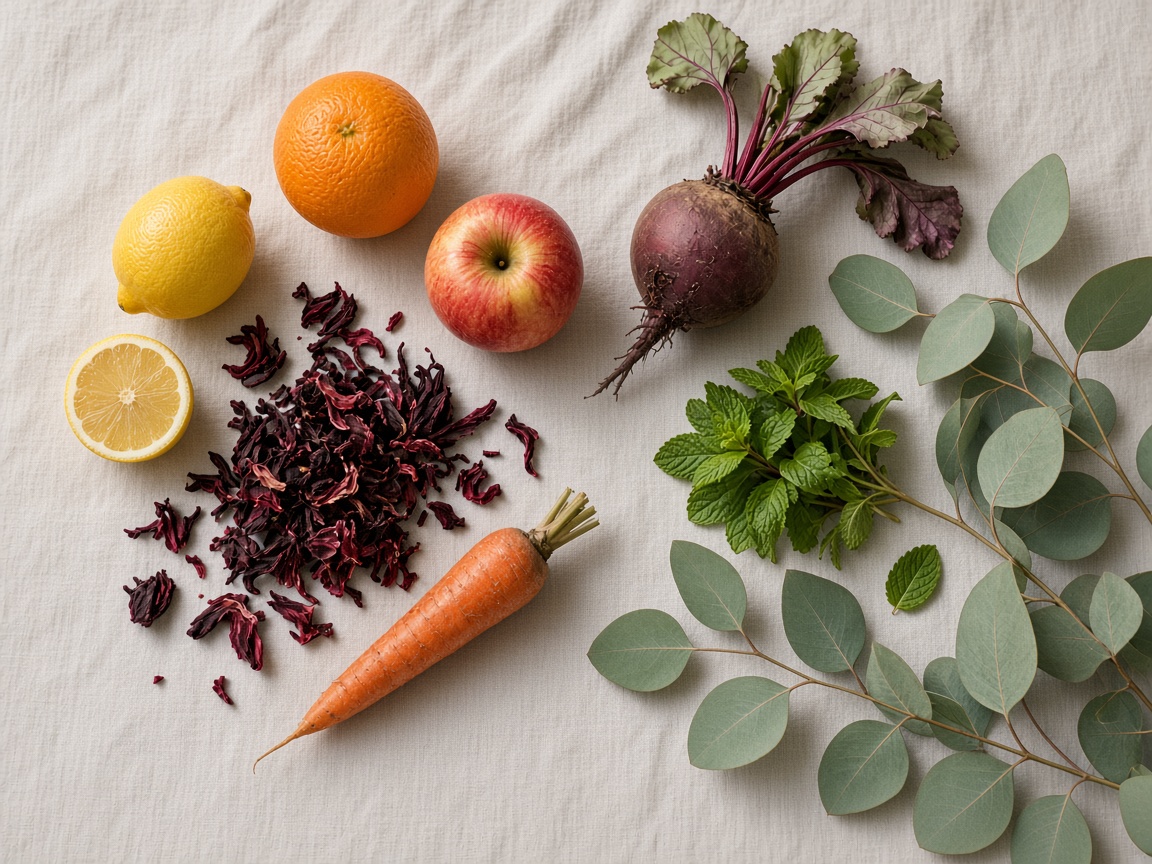 Citron, gingembre, thym, hibiscus, betterave et autres plantes des mélanges