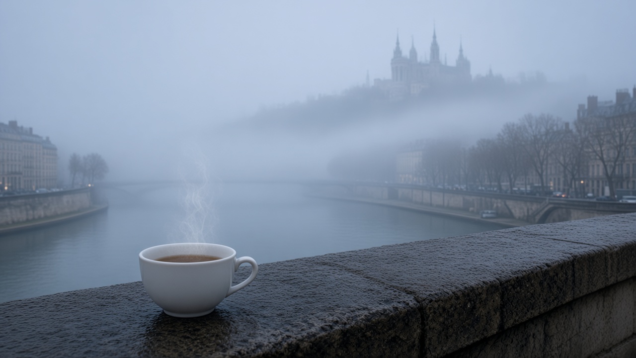 Terrasse au matin brumeux à Lyon, avec une tasse d’infusion fumante