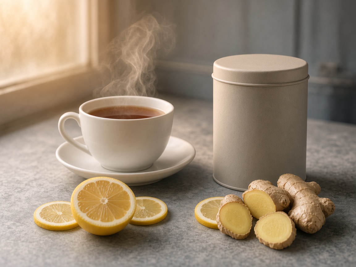Infusion citron-gingembre près d’une tasse fumante