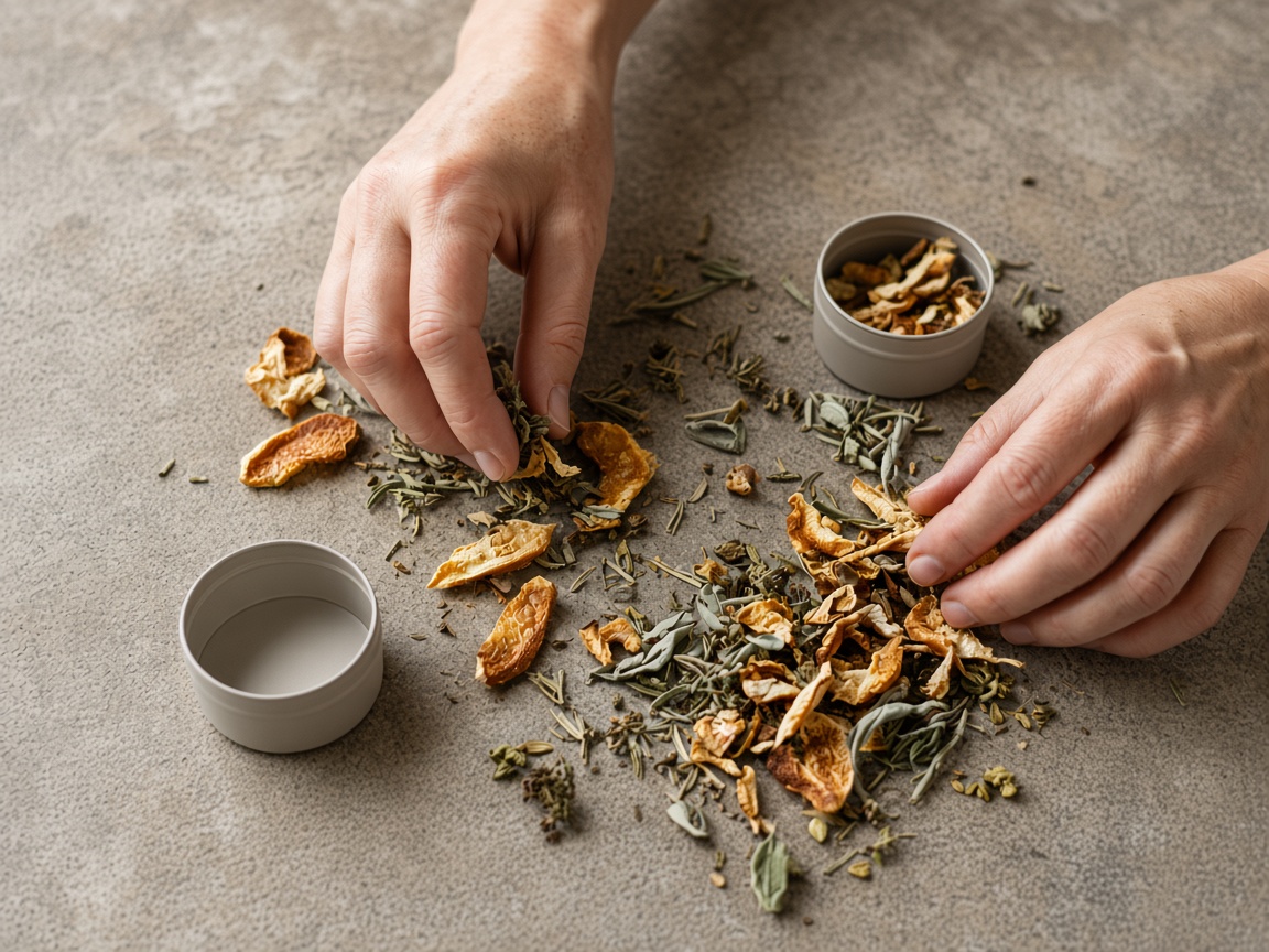 Mains préparant de l’écorce d’agrumes et des herbes séchées sur une table en bois